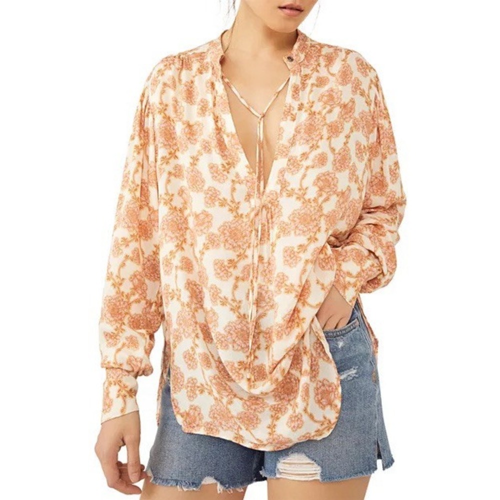 FREE PEOPLE NWT Women's XS Mia Tunic Blouse Long Sleeve Floral 100%‎ Viscose